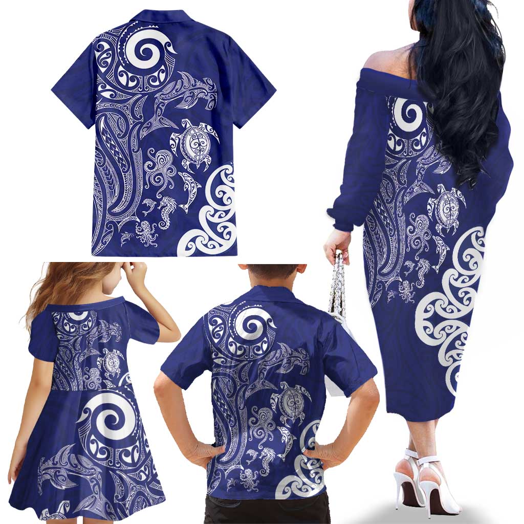 New Zealand Sea Animals with Maori Tribal Tattoo Family Matching Off The Shoulder Long Sleeve Dress and Hawaiian Shirt Blue Color LT03 - Polynesian Pride