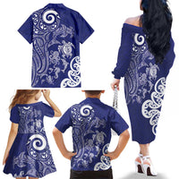 New Zealand Sea Animals with Maori Tribal Tattoo Family Matching Off The Shoulder Long Sleeve Dress and Hawaiian Shirt Blue Color LT03 - Polynesian Pride