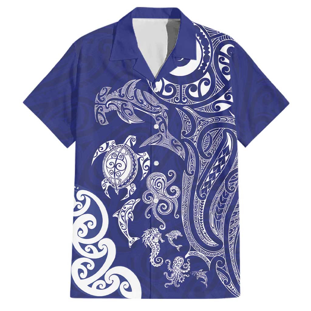 New Zealand Sea Animals with Maori Tribal Tattoo Family Matching Off The Shoulder Long Sleeve Dress and Hawaiian Shirt Blue Color LT03 Dad's Shirt - Short Sleeve Blue - Polynesian Pride
