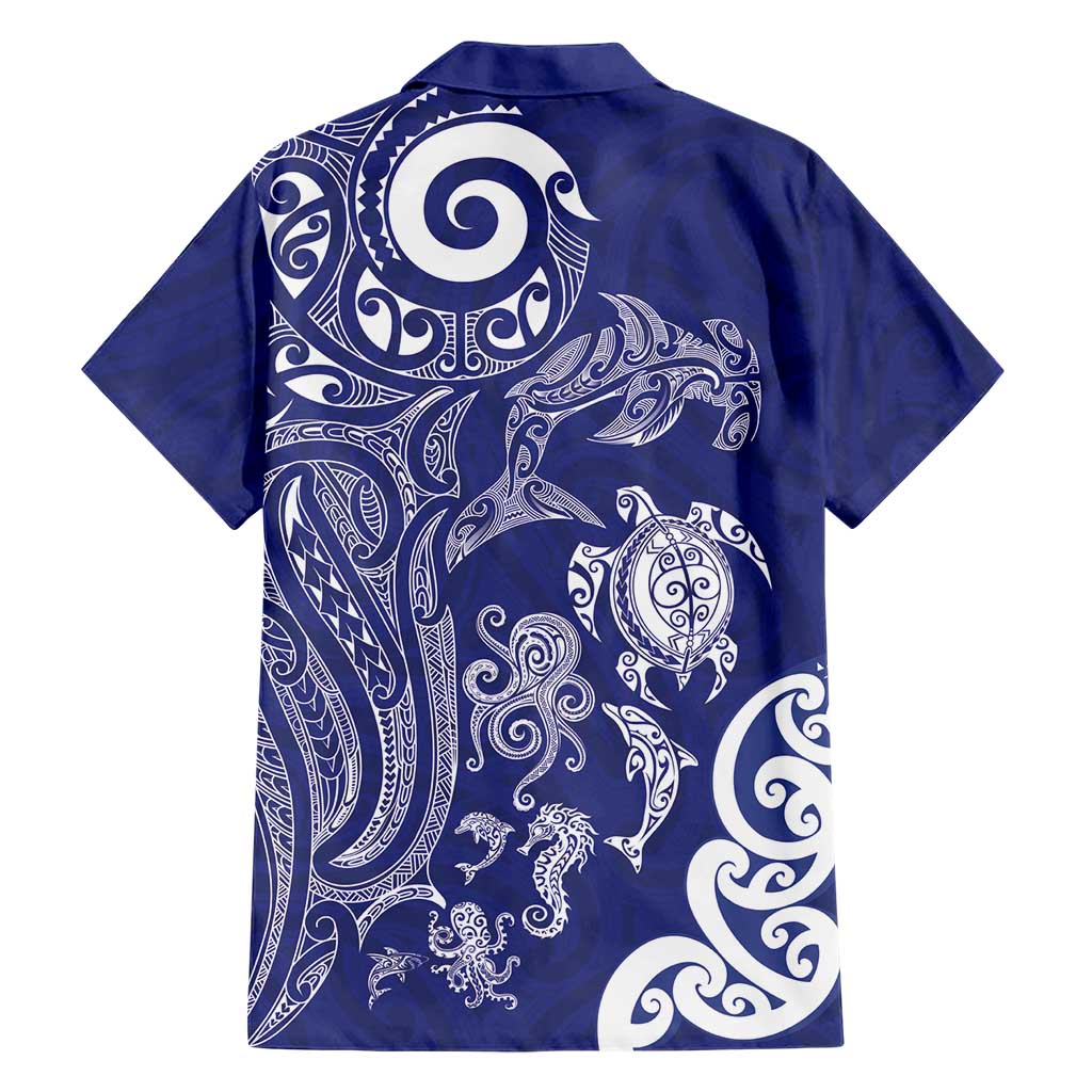 New Zealand Sea Animals with Maori Tribal Tattoo Family Matching Off The Shoulder Long Sleeve Dress and Hawaiian Shirt Blue Color LT03 - Polynesian Pride