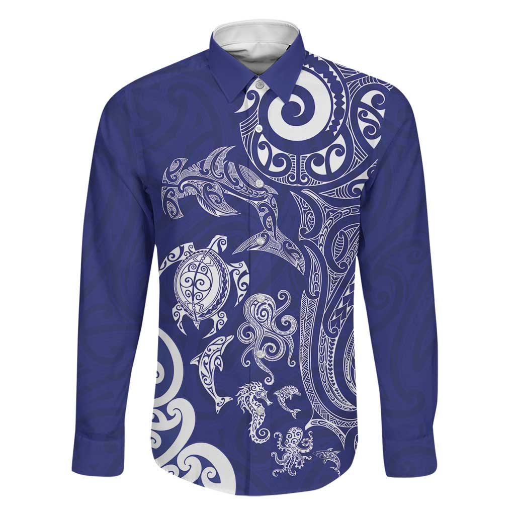 New Zealand Sea Animals with Maori Tribal Tattoo Family Matching Off The Shoulder Long Sleeve Dress and Hawaiian Shirt Blue Color LT03 Dad's Shirt - Long Sleeve Blue - Polynesian Pride