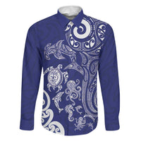 New Zealand Sea Animals with Maori Tribal Tattoo Family Matching Off The Shoulder Long Sleeve Dress and Hawaiian Shirt Blue Color LT03 Dad's Shirt - Long Sleeve Blue - Polynesian Pride
