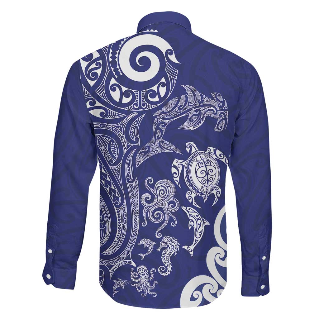 New Zealand Sea Animals with Maori Tribal Tattoo Family Matching Off The Shoulder Long Sleeve Dress and Hawaiian Shirt Blue Color LT03 - Polynesian Pride
