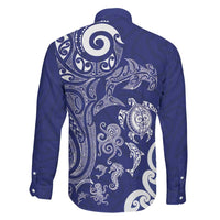 New Zealand Sea Animals with Maori Tribal Tattoo Family Matching Off The Shoulder Long Sleeve Dress and Hawaiian Shirt Blue Color LT03 - Polynesian Pride