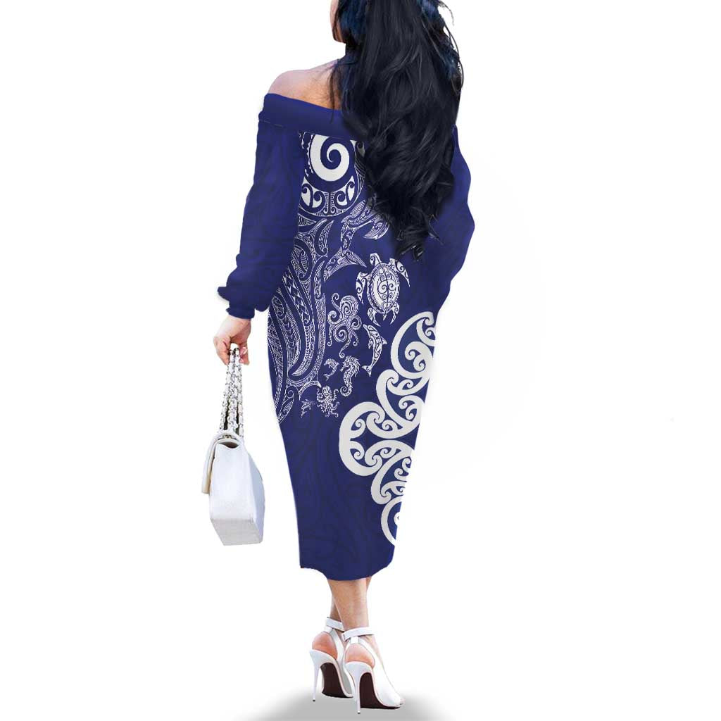 New Zealand Sea Animals with Maori Tribal Tattoo Family Matching Off The Shoulder Long Sleeve Dress and Hawaiian Shirt Blue Color LT03 - Polynesian Pride
