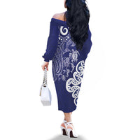 New Zealand Sea Animals with Maori Tribal Tattoo Family Matching Off The Shoulder Long Sleeve Dress and Hawaiian Shirt Blue Color LT03 - Polynesian Pride