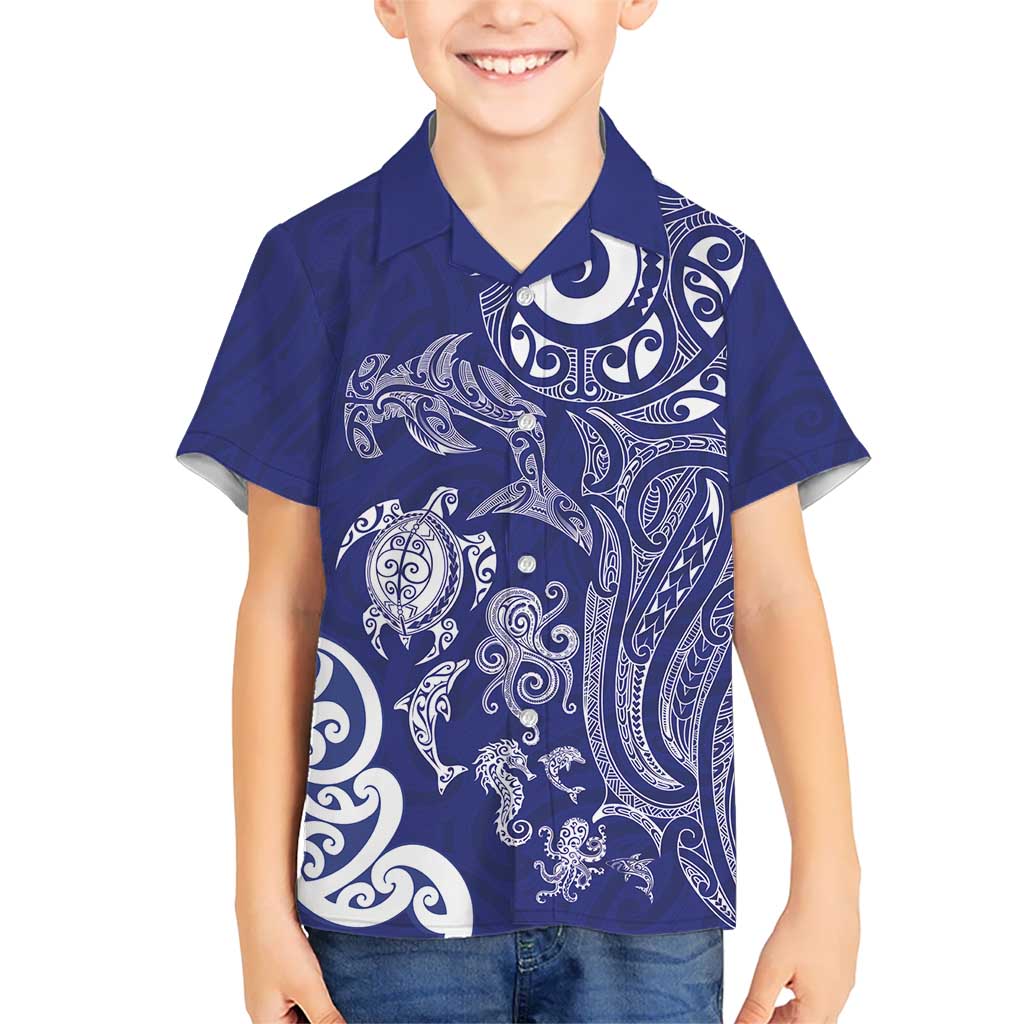 New Zealand Sea Animals with Maori Tribal Tattoo Family Matching Off The Shoulder Long Sleeve Dress and Hawaiian Shirt Blue Color LT03 Son's Shirt Blue - Polynesian Pride
