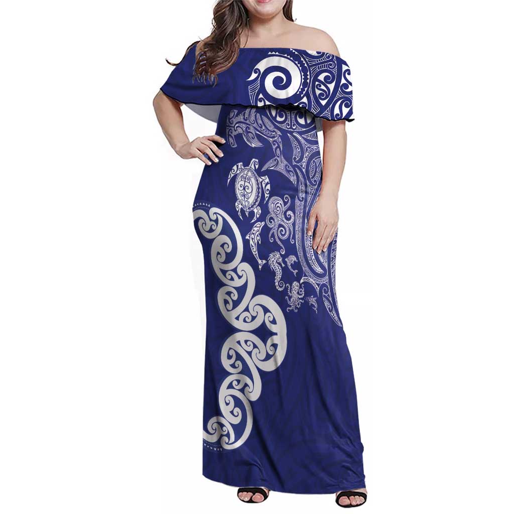 New Zealand Sea Animals with Maori Tribal Tattoo Family Matching Off Shoulder Maxi Dress and Hawaiian Shirt Blue Color