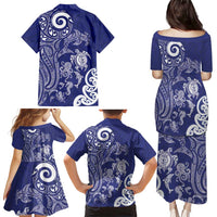 New Zealand Sea Animals with Maori Tribal Tattoo Family Matching Puletasi and Hawaiian Shirt Blue Color