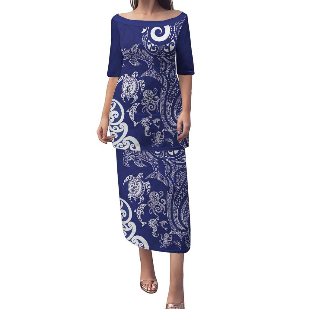 New Zealand Sea Animals with Maori Tribal Tattoo Family Matching Puletasi and Hawaiian Shirt Blue Color
