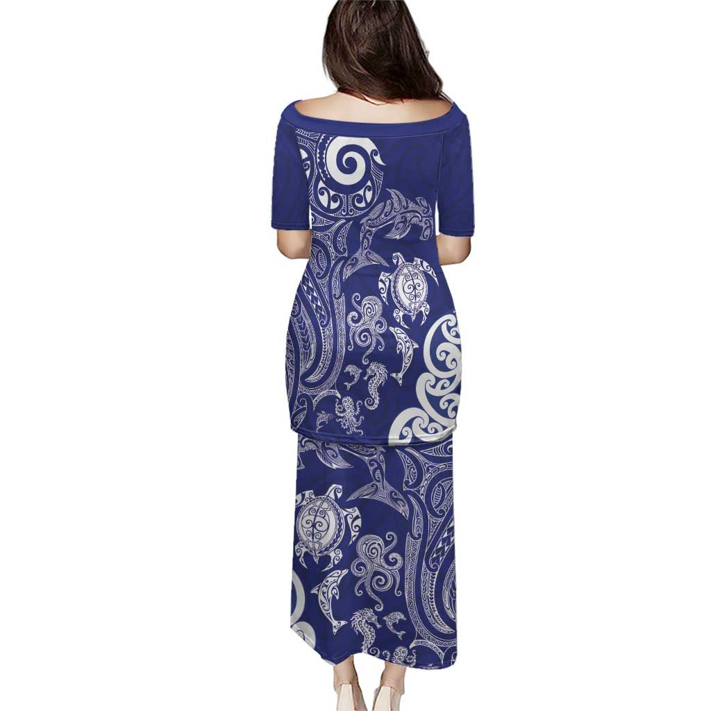 New Zealand Sea Animals with Maori Tribal Tattoo Family Matching Puletasi and Hawaiian Shirt Blue Color