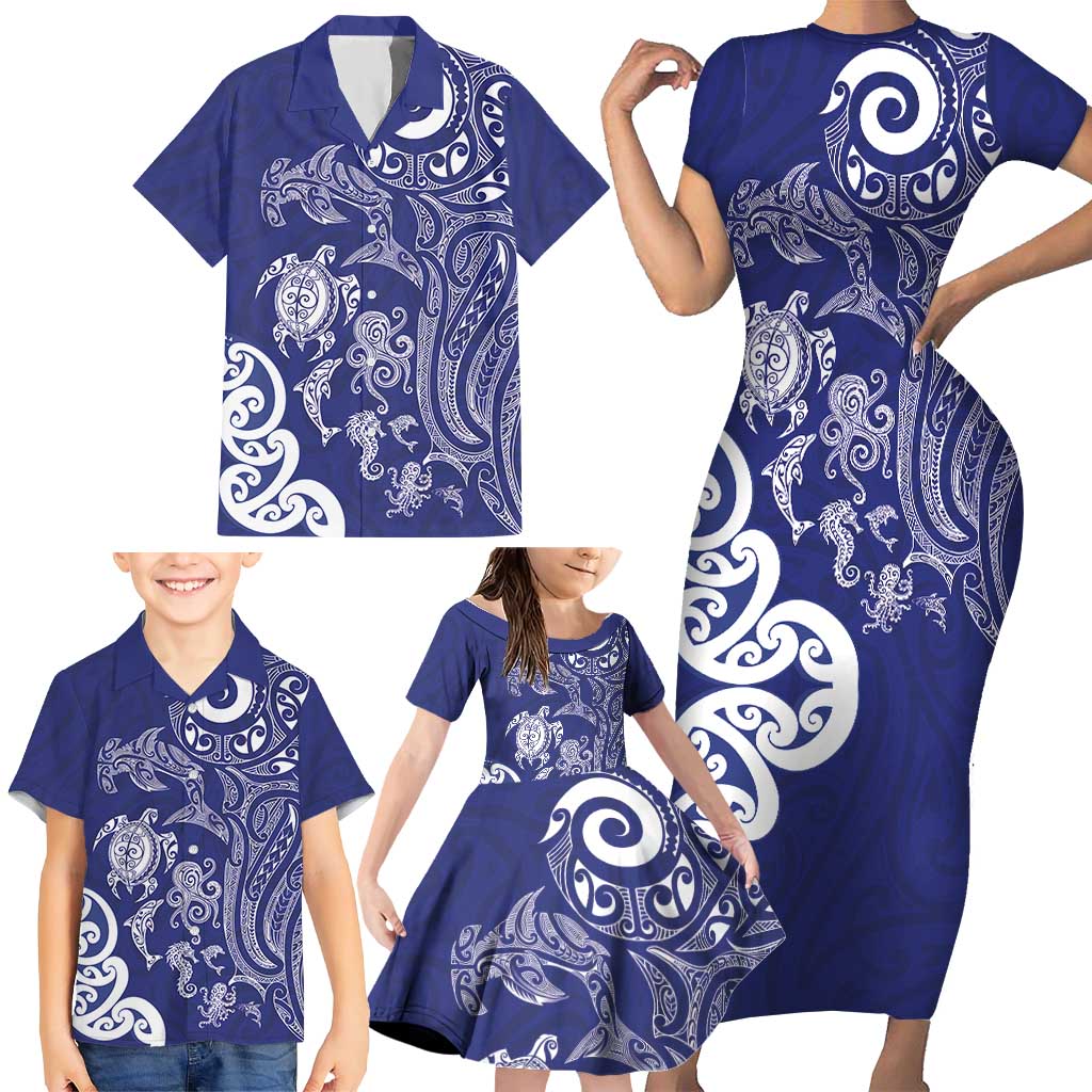 New Zealand Sea Animals with Maori Tribal Tattoo Family Matching Short Sleeve Bodycon Dress and Hawaiian Shirt Blue Color