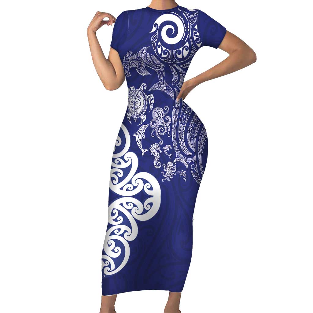 New Zealand Sea Animals with Maori Tribal Tattoo Family Matching Short Sleeve Bodycon Dress and Hawaiian Shirt Blue Color