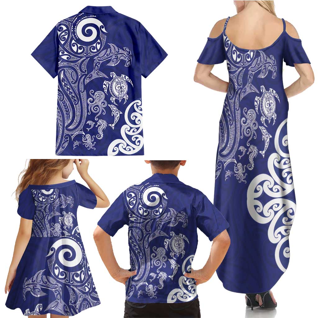 New Zealand Sea Animals with Maori Tribal Tattoo Family Matching Summer Maxi Dress and Hawaiian Shirt Blue Color