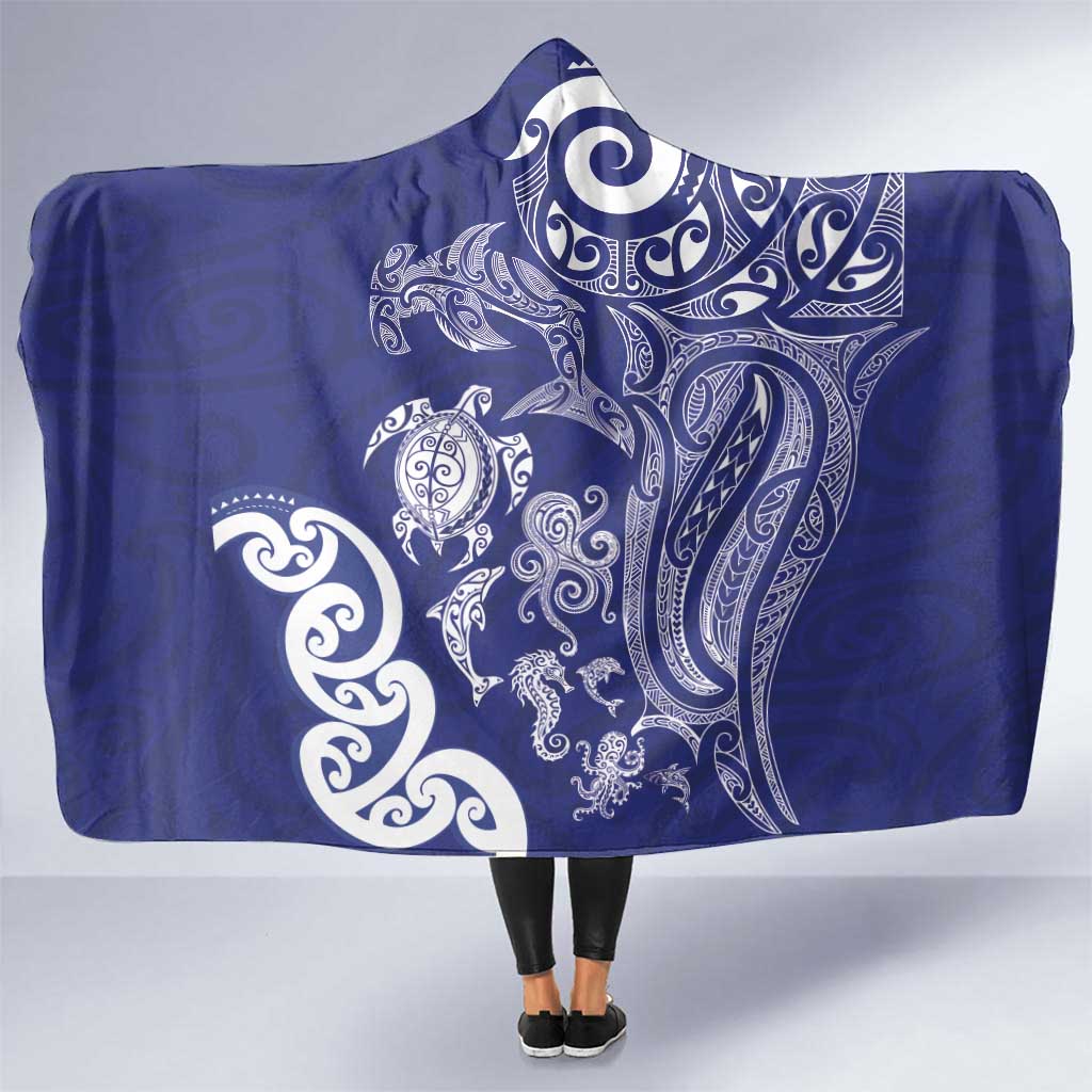New Zealand Sea Animals with Maori Tribal Tattoo Hooded Blanket Blue Color