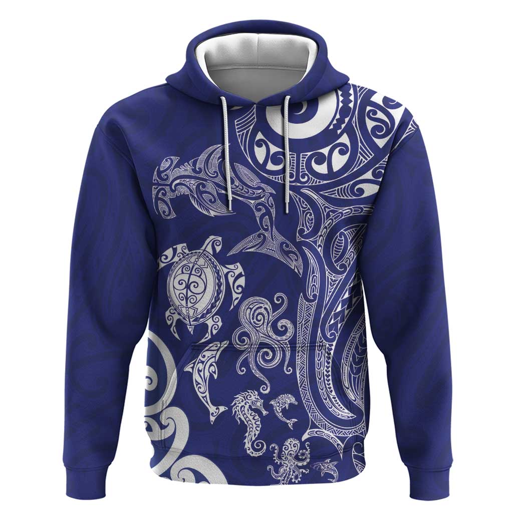 New Zealand Sea Animals with Maori Tribal Tattoo Hoodie Blue Color