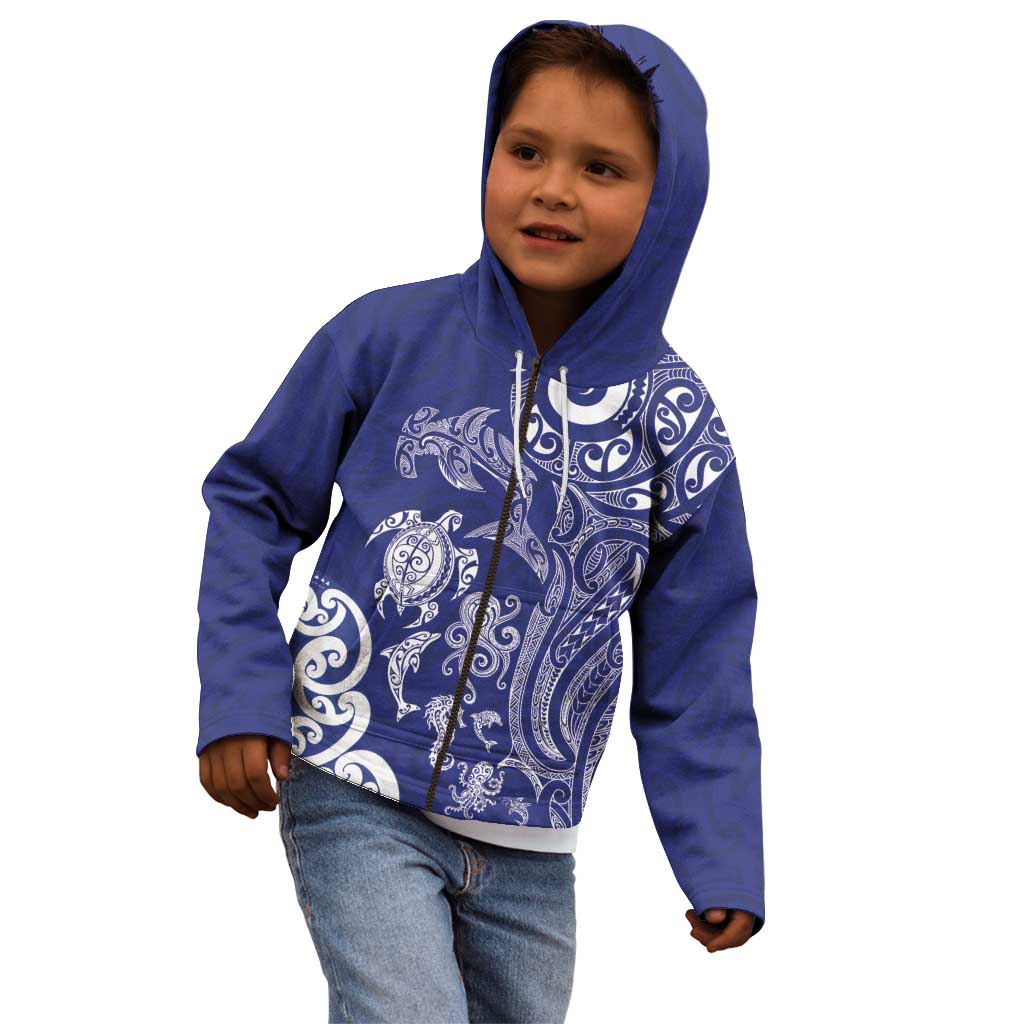 New Zealand Sea Animals with Maori Tribal Tattoo Kid Hoodie Blue Color