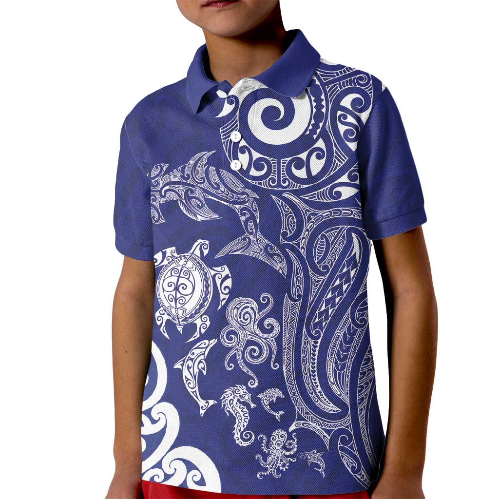 New Zealand Sea Animals with Maori Tribal Tattoo Kid Polo Shirt Blue Color