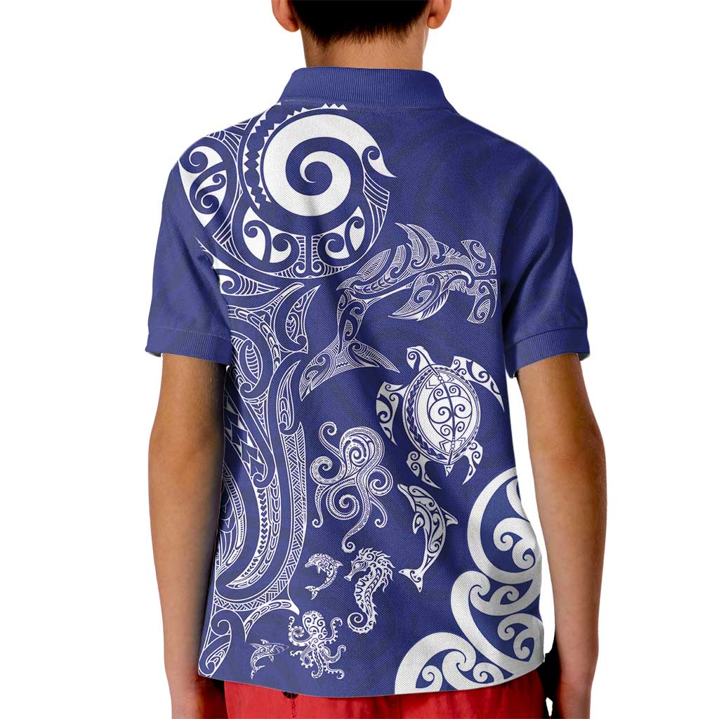 New Zealand Sea Animals with Maori Tribal Tattoo Kid Polo Shirt Blue Color