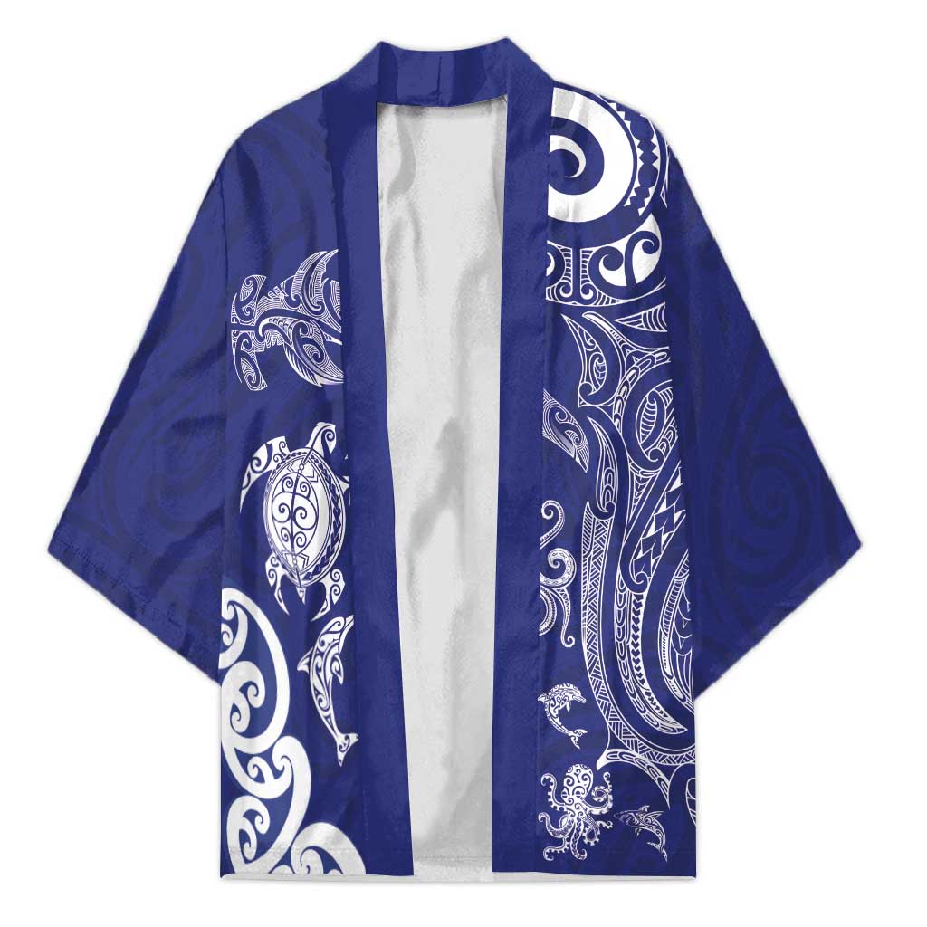 New Zealand Sea Animals with Maori Tribal Tattoo Kimono Blue Color LT03 Unisex Blue - Polynesian Pride