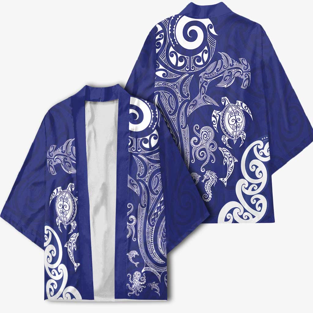 New Zealand Sea Animals with Maori Tribal Tattoo Kimono Blue Color LT03 - Polynesian Pride