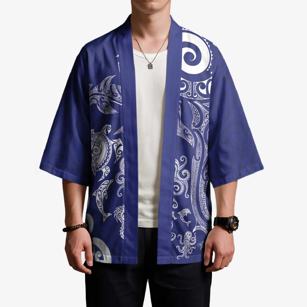 New Zealand Sea Animals with Maori Tribal Tattoo Kimono Blue Color LT03 - Polynesian Pride