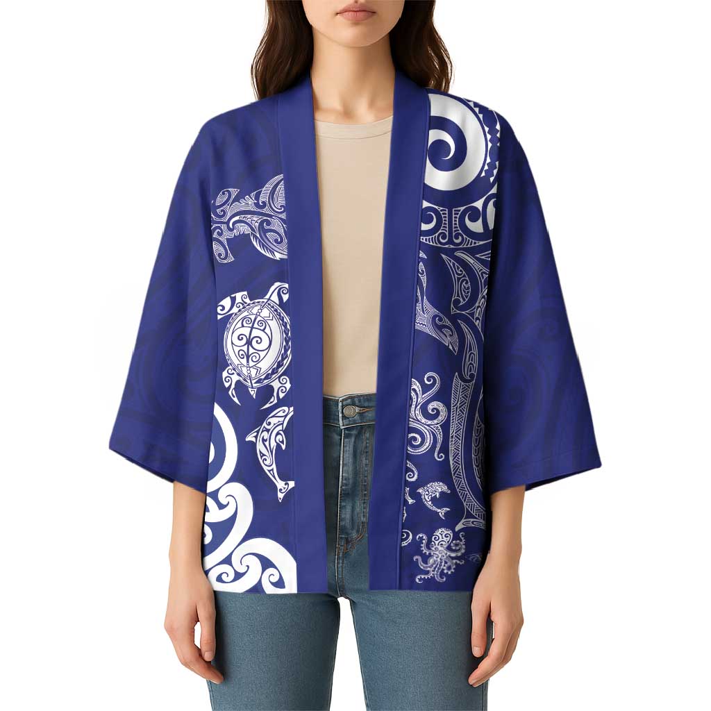 New Zealand Sea Animals with Maori Tribal Tattoo Kimono Blue Color LT03 - Polynesian Pride