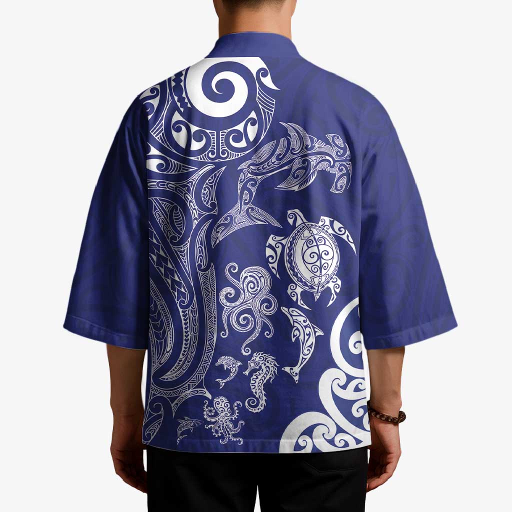 New Zealand Sea Animals with Maori Tribal Tattoo Kimono Blue Color LT03 - Polynesian Pride