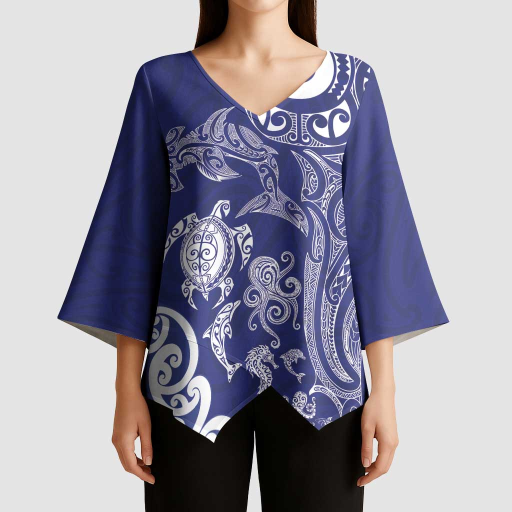 New Zealand Sea Animals with Maori Tribal Tattoo Kimono Sleeve Blouse Blue Color