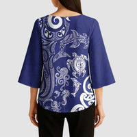New Zealand Sea Animals with Maori Tribal Tattoo Kimono Sleeve Blouse Blue Color
