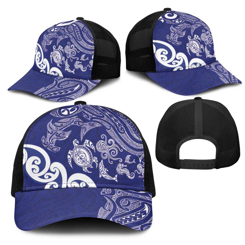 New Zealand Sea Animals with Maori Tribal Tattoo Mesh Trucker Cap Blue Color