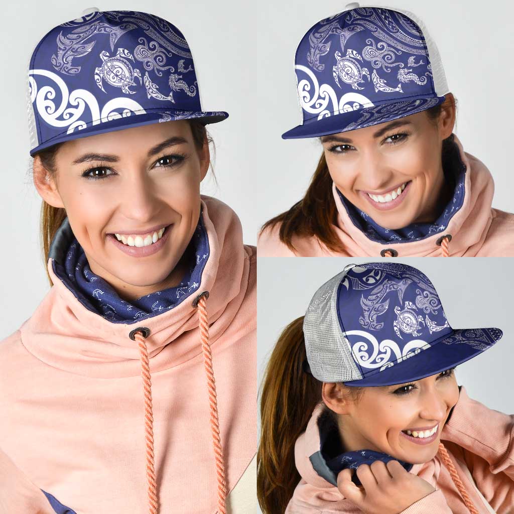 New Zealand Sea Animals with Maori Tribal Tattoo Mesh Trucker Cap Blue Color