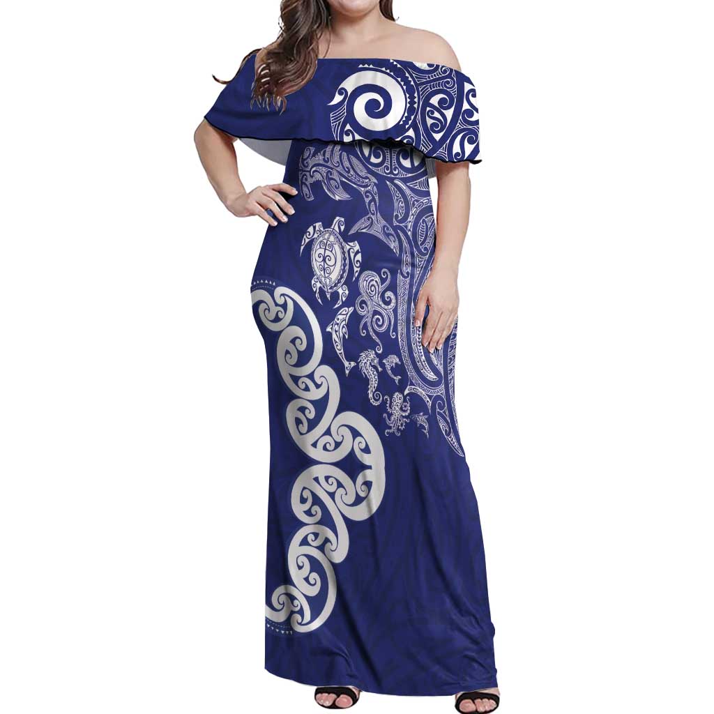 New Zealand Sea Animals with Maori Tribal Tattoo Off Shoulder Maxi Dress Blue Color LT03 Women Blue - Polynesian Pride
