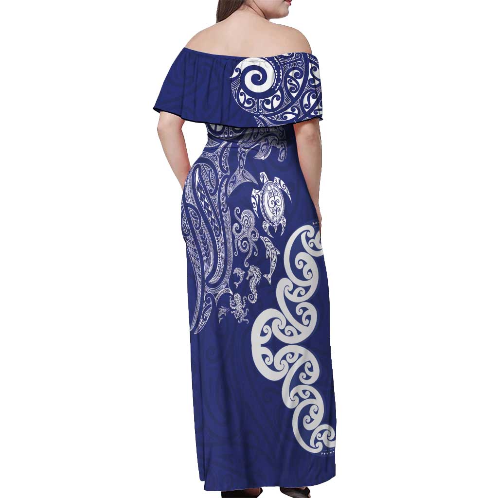 New Zealand Sea Animals with Maori Tribal Tattoo Off Shoulder Maxi Dress Blue Color LT03 - Polynesian Pride