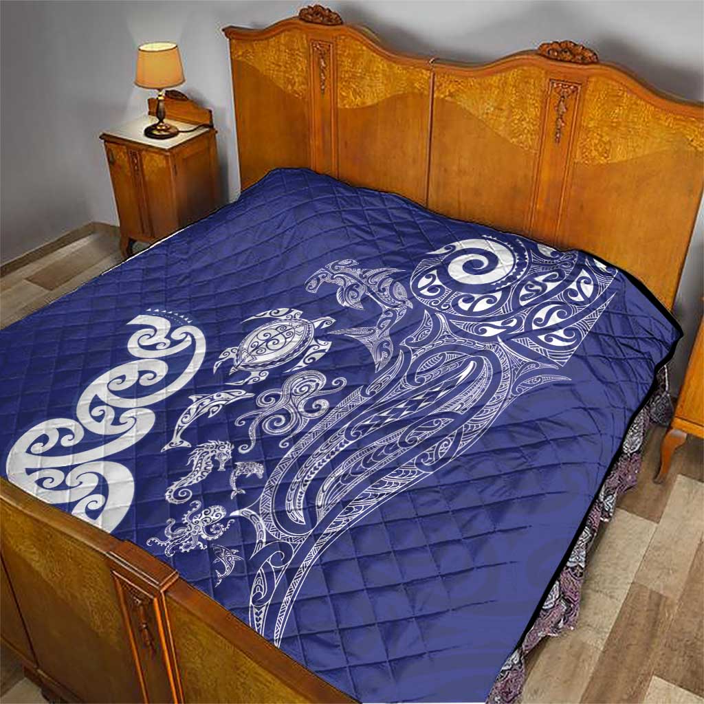 New Zealand Sea Animals with Maori Tribal Tattoo Quilt Blue Color LT03 - Polynesian Pride