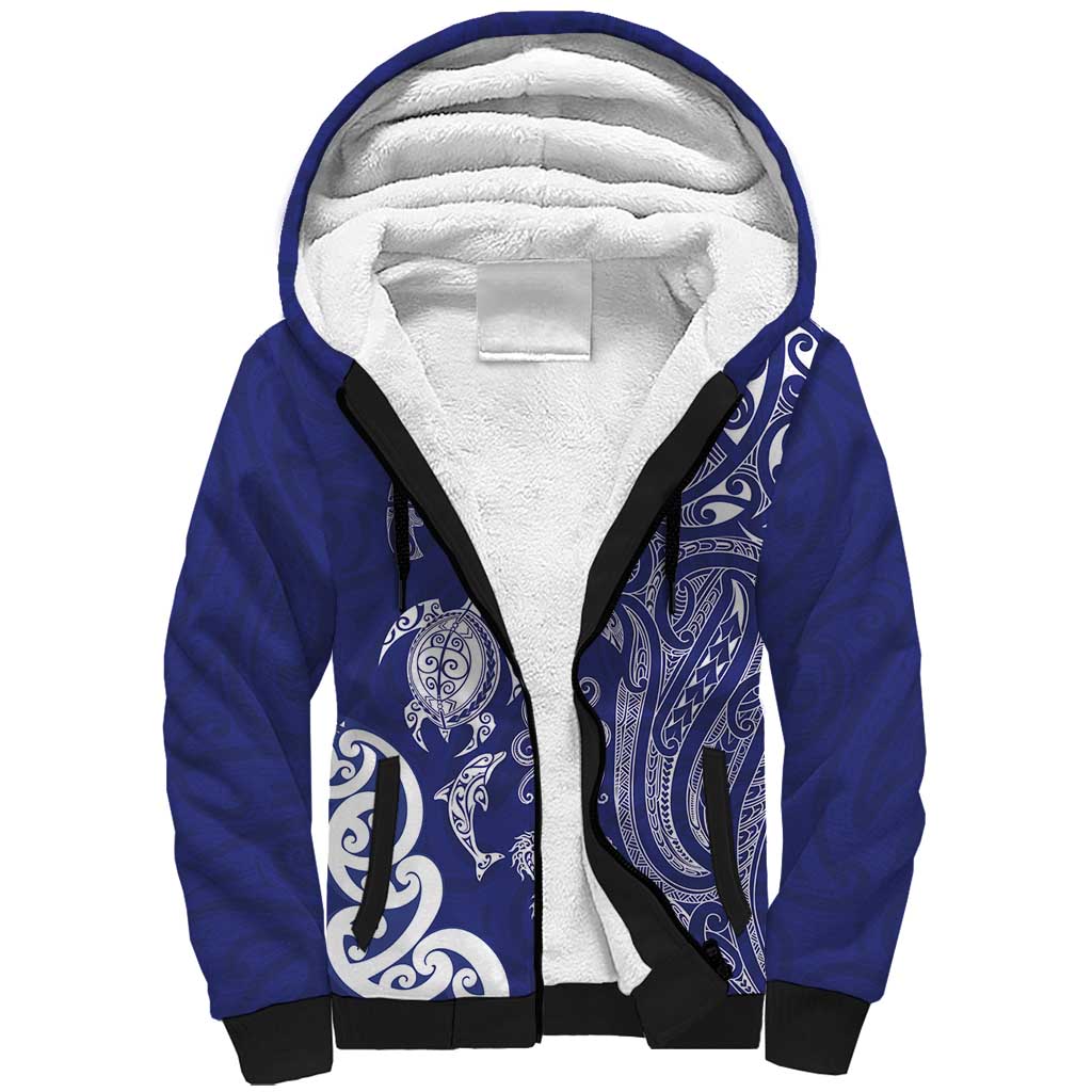 New Zealand Sea Animals with Maori Tribal Tattoo Sherpa Hoodie Blue Color