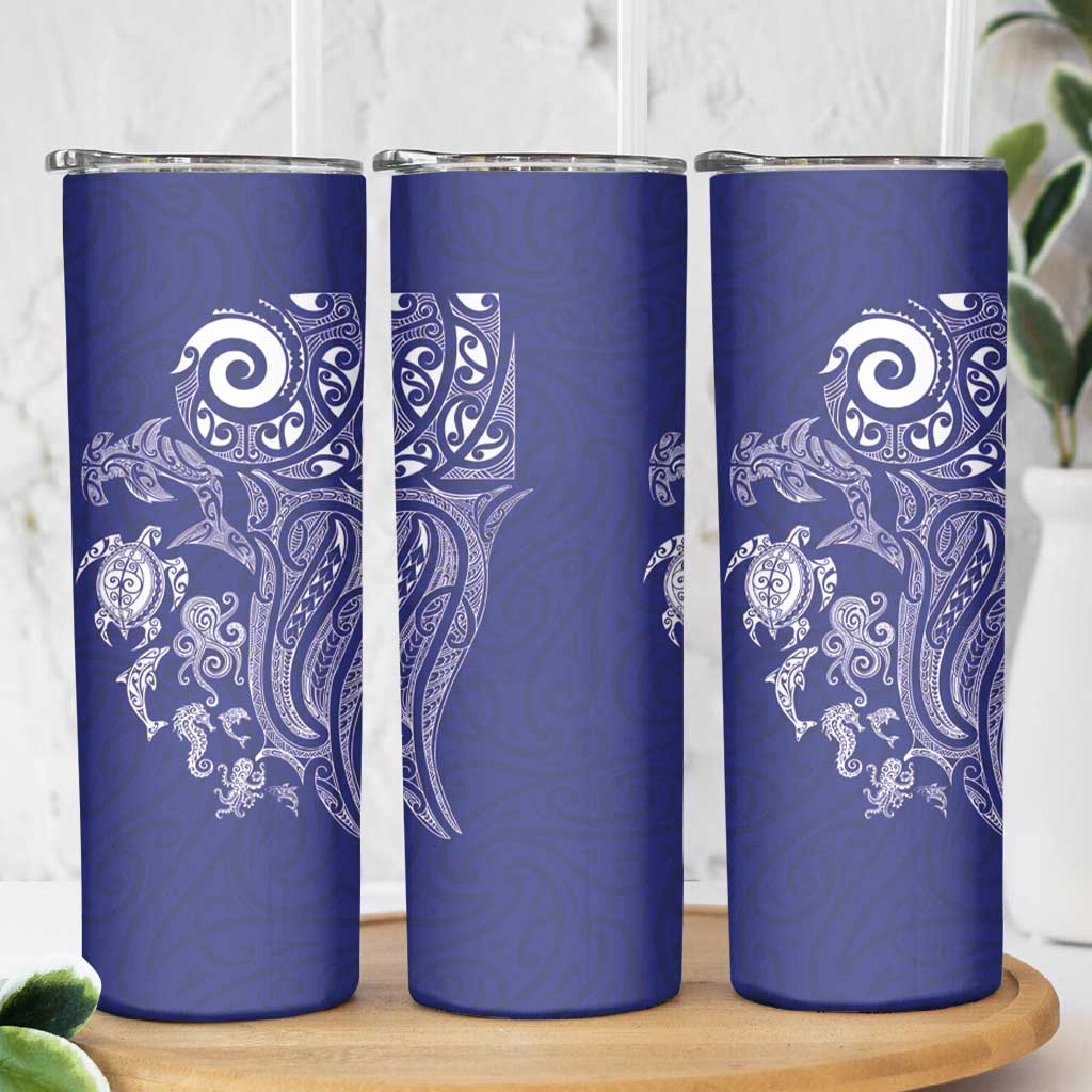 New Zealand Sea Animals with Maori Tribal Tattoo Skinny Tumbler Blue Color