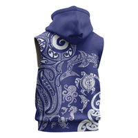 New Zealand Sea Animals with Maori Tribal Tattoo Sleeveless Hoodie Blue Color