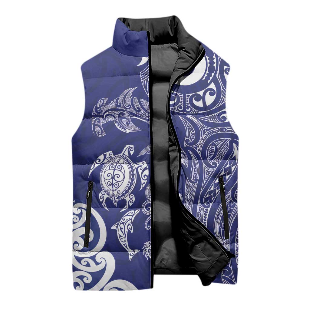 New Zealand Sea Animals with Maori Tribal Tattoo Sleeveless Puffer Jacket Blue Color
