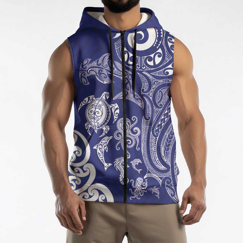 New Zealand Sea Animals with Maori Tribal Tattoo Sleeveless Zip Hoodie Blue Color