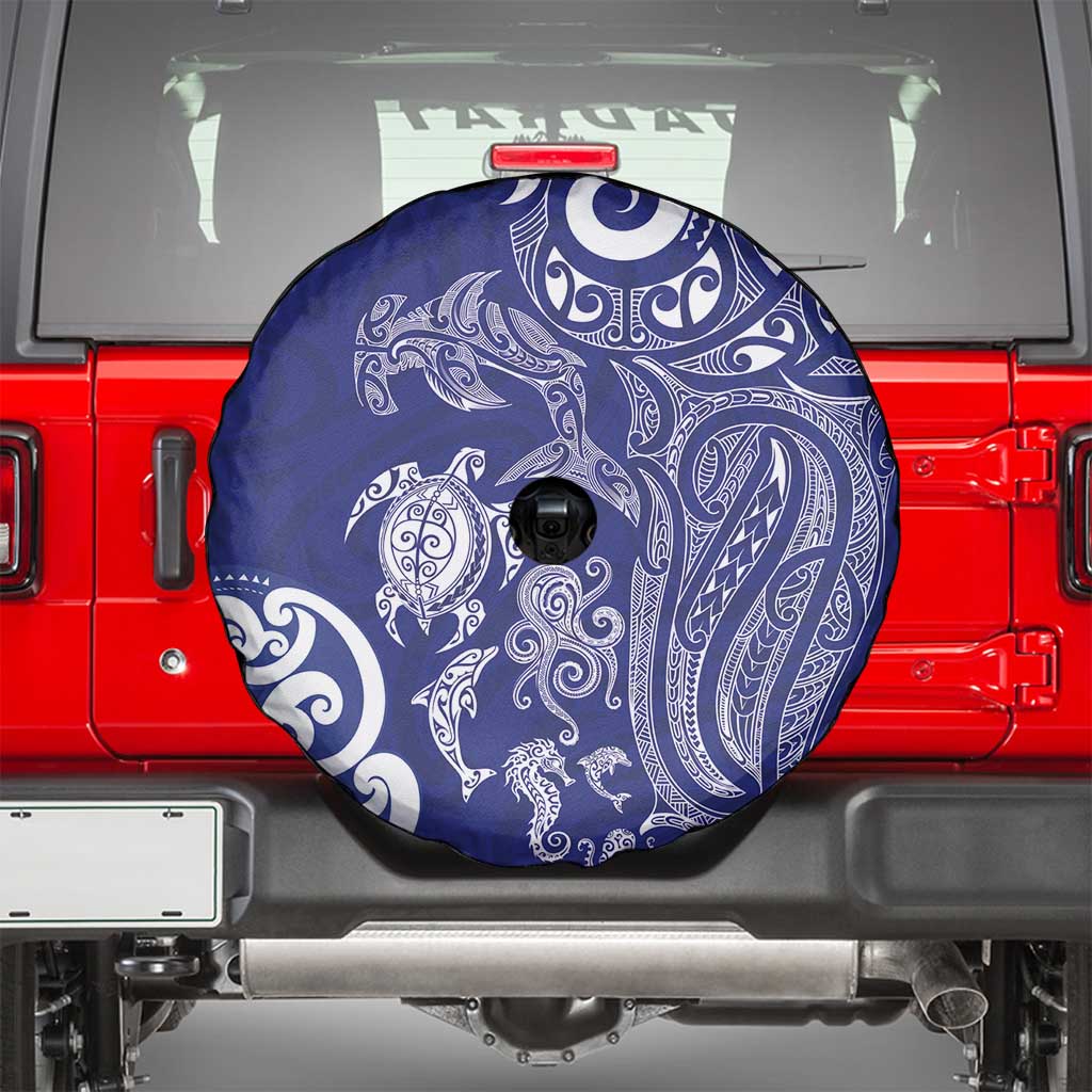 New Zealand Sea Animals with Maori Tribal Tattoo Spare Tire Cover Blue Color
