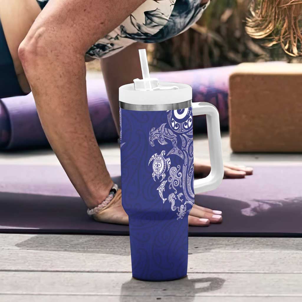 New Zealand Sea Animals with Maori Tribal Tattoo Tumbler With Handle Blue Color