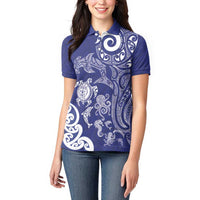 New Zealand Sea Animals with Maori Tribal Tattoo Women Polo Shirt Blue Color