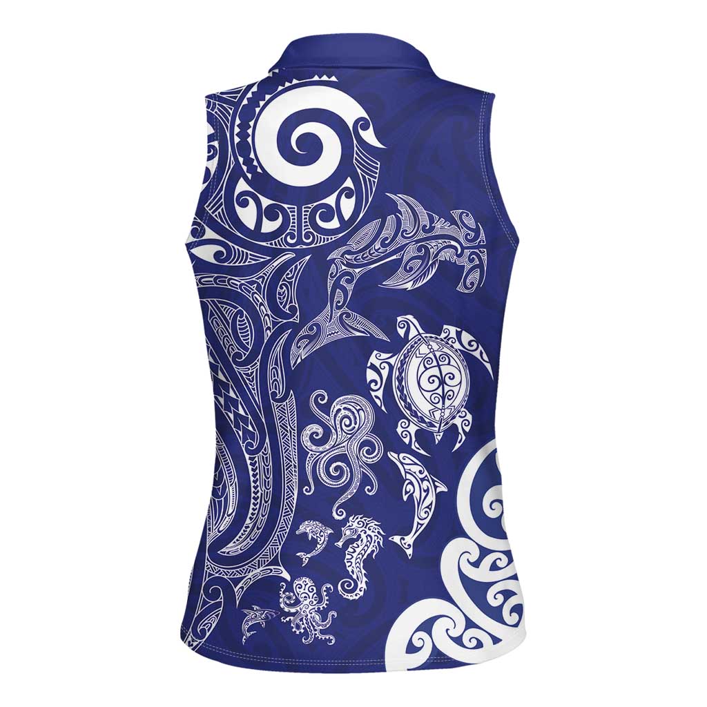 New Zealand Sea Animals with Maori Tribal Tattoo Women Sleeveless Polo Shirt Blue Color