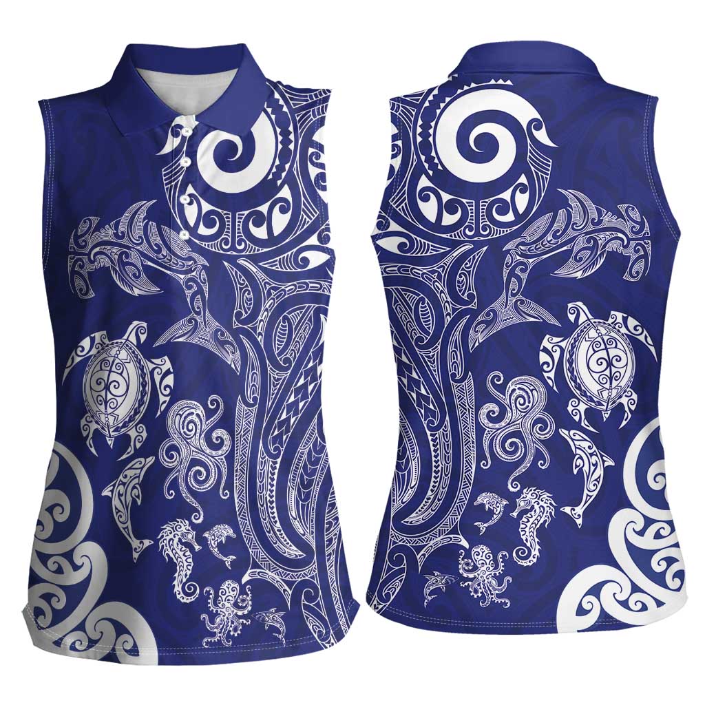 New Zealand Sea Animals with Maori Tribal Tattoo Women Sleeveless Polo Shirt Blue Color