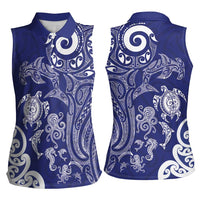 New Zealand Sea Animals with Maori Tribal Tattoo Women Sleeveless Polo Shirt Blue Color