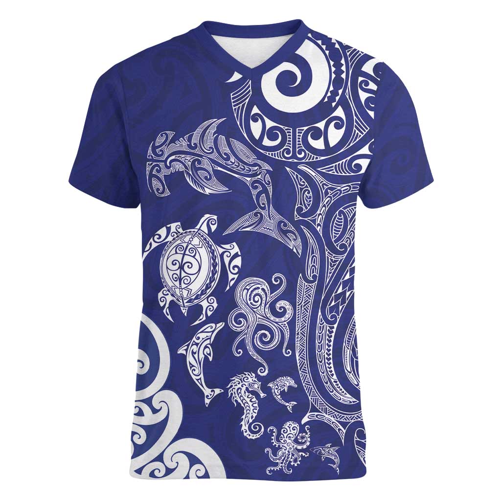 New Zealand Sea Animals with Maori Tribal Tattoo Women V-Neck T-Shirt Blue Color LT03 Female Blue - Polynesian Pride