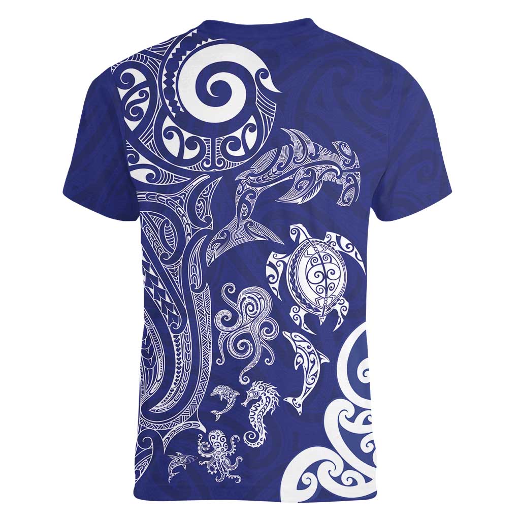 New Zealand Sea Animals with Maori Tribal Tattoo Women V-Neck T-Shirt Blue Color LT03 - Polynesian Pride