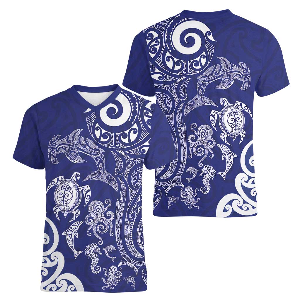 New Zealand Sea Animals with Maori Tribal Tattoo Women V-Neck T-Shirt Blue Color LT03 - Polynesian Pride