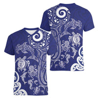 New Zealand Sea Animals with Maori Tribal Tattoo Women V-Neck T-Shirt Blue Color LT03 - Polynesian Pride
